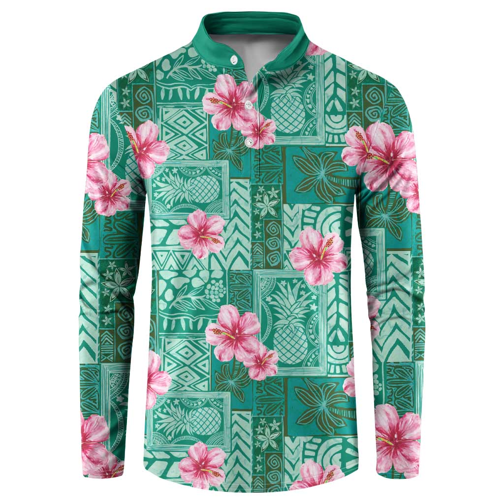 Cyan Hawaii Hibiscus With Tropical Flowers Motifs Button Sweatshirt LT14 Cyan - Polynesian Pride