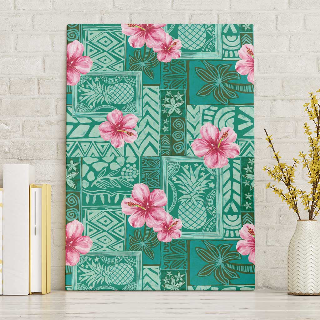 Cyan Hawaii Hibiscus With Tropical Flowers Motifs Canvas Wall Art LT14 Without Frame Cyan - Polynesian Pride