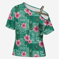 Cyan Hawaii Hibiscus With Tropical Flowers Motifs Cross Shoulder Shirt LT14 Female Cyan - Polynesian Pride