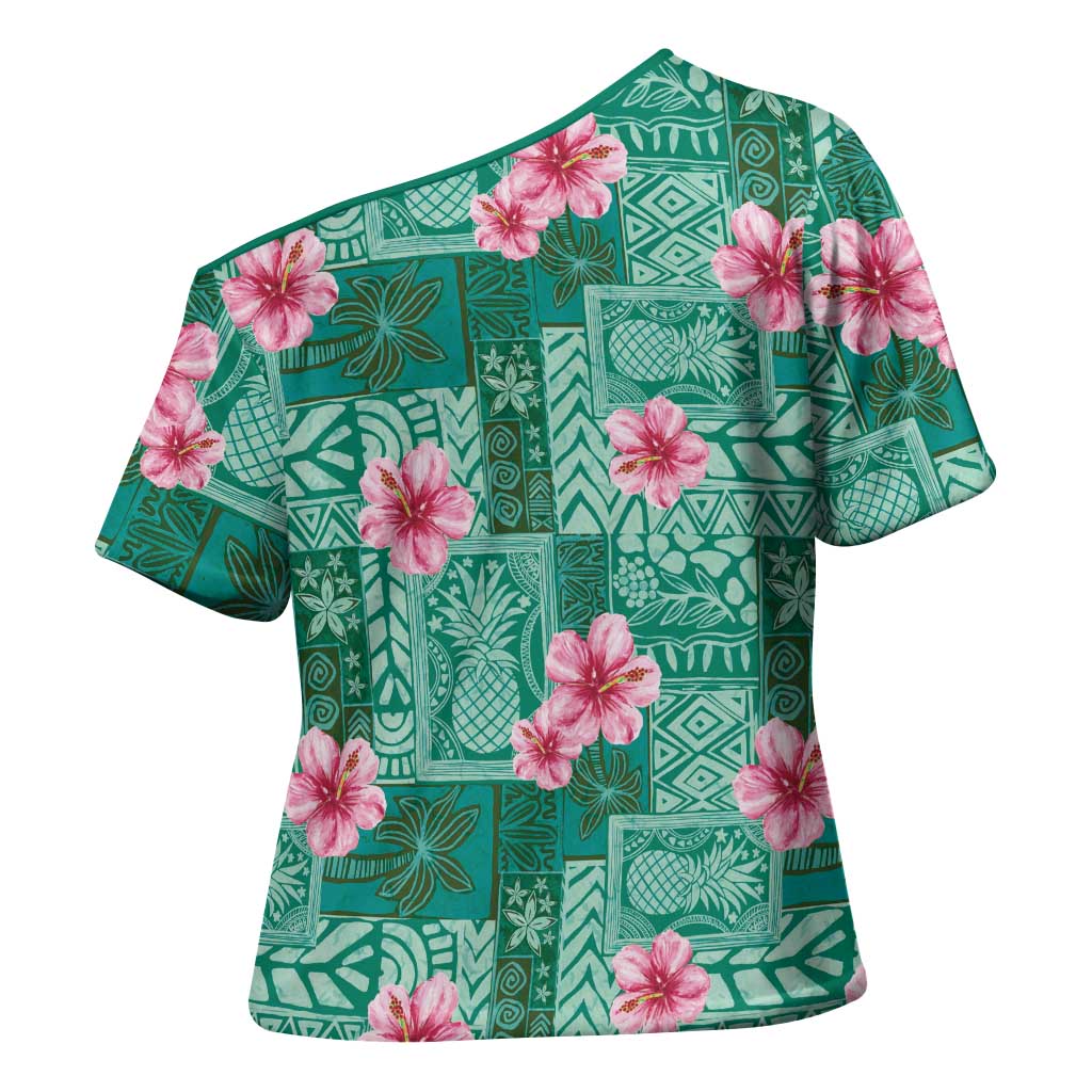 Cyan Hawaii Hibiscus With Tropical Flowers Motifs Cross Shoulder Shirt LT14 - Polynesian Pride