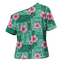 Cyan Hawaii Hibiscus With Tropical Flowers Motifs Cross Shoulder Shirt LT14 - Polynesian Pride