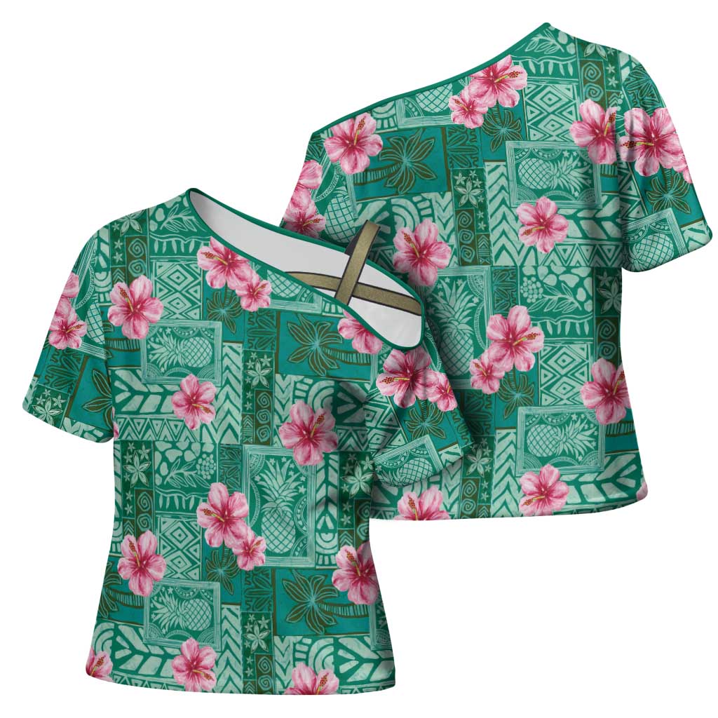 Cyan Hawaii Hibiscus With Tropical Flowers Motifs Cross Shoulder Shirt LT14 - Polynesian Pride