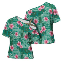 Cyan Hawaii Hibiscus With Tropical Flowers Motifs Cross Shoulder Shirt LT14 - Polynesian Pride
