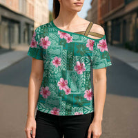 Cyan Hawaii Hibiscus With Tropical Flowers Motifs Cross Shoulder Shirt LT14 - Polynesian Pride