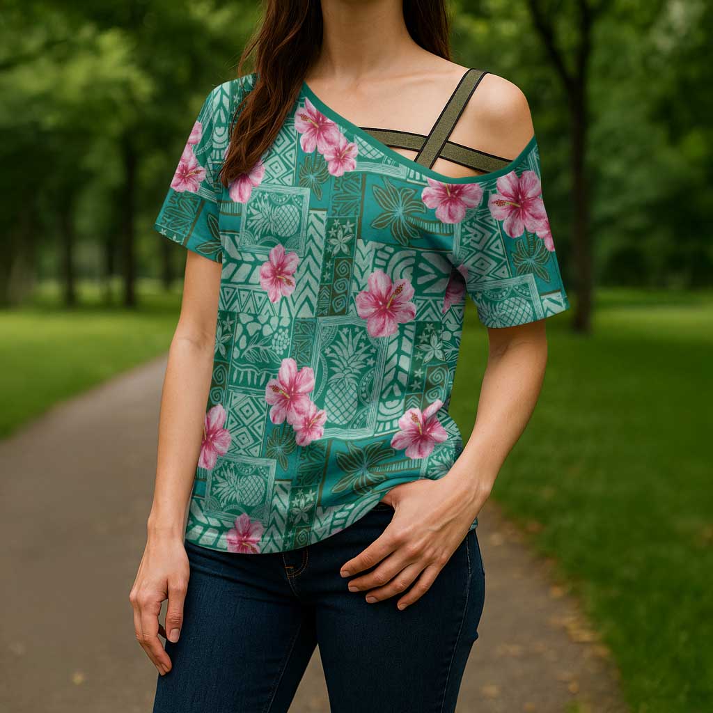 Cyan Hawaii Hibiscus With Tropical Flowers Motifs Cross Shoulder Shirt LT14 - Polynesian Pride