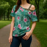 Cyan Hawaii Hibiscus With Tropical Flowers Motifs Cross Shoulder Shirt LT14 - Polynesian Pride