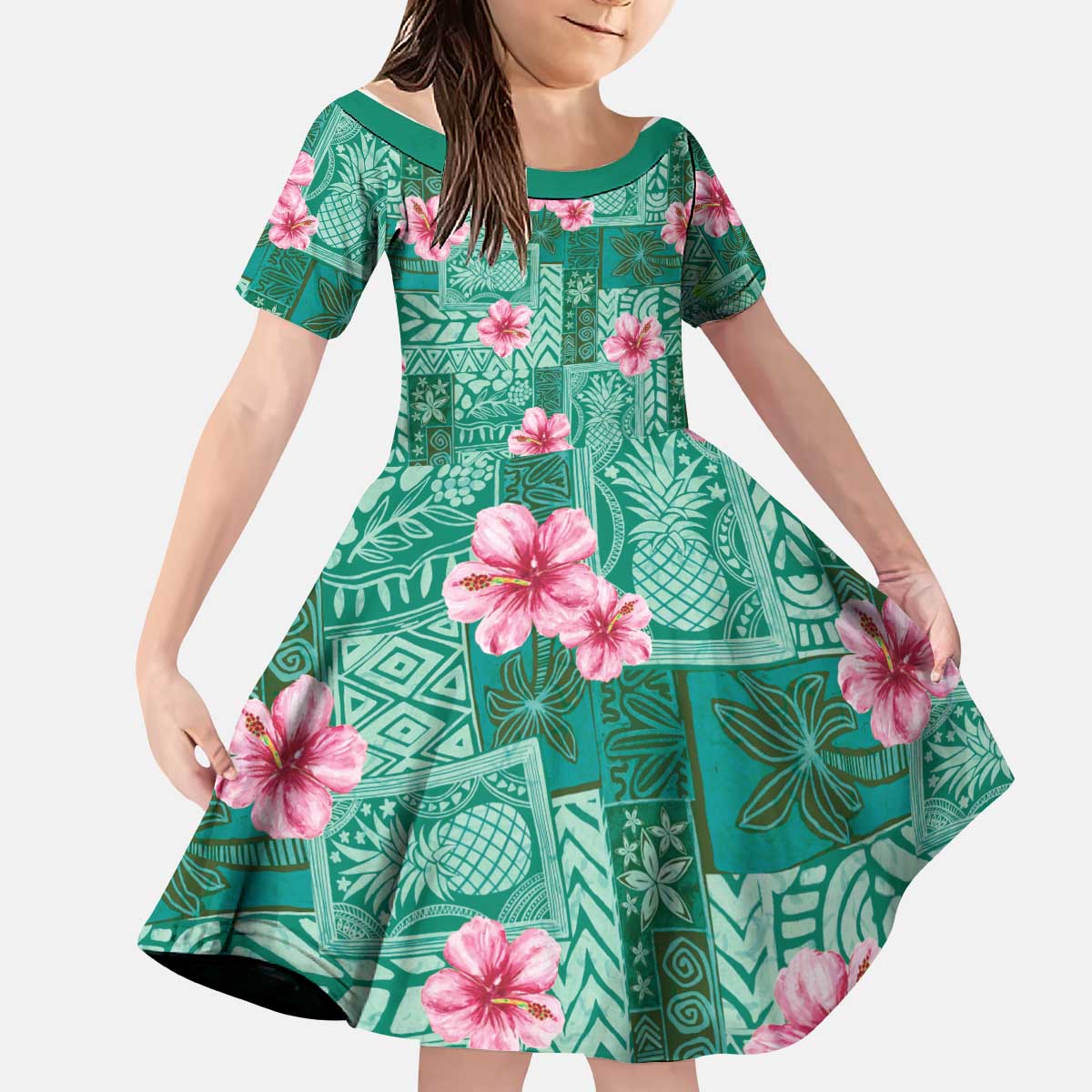 Cyan Hawaii Hibiscus With Tropical Flowers Motifs Kid Short Sleeve Dress LT14 KID Cyan - Polynesian Pride