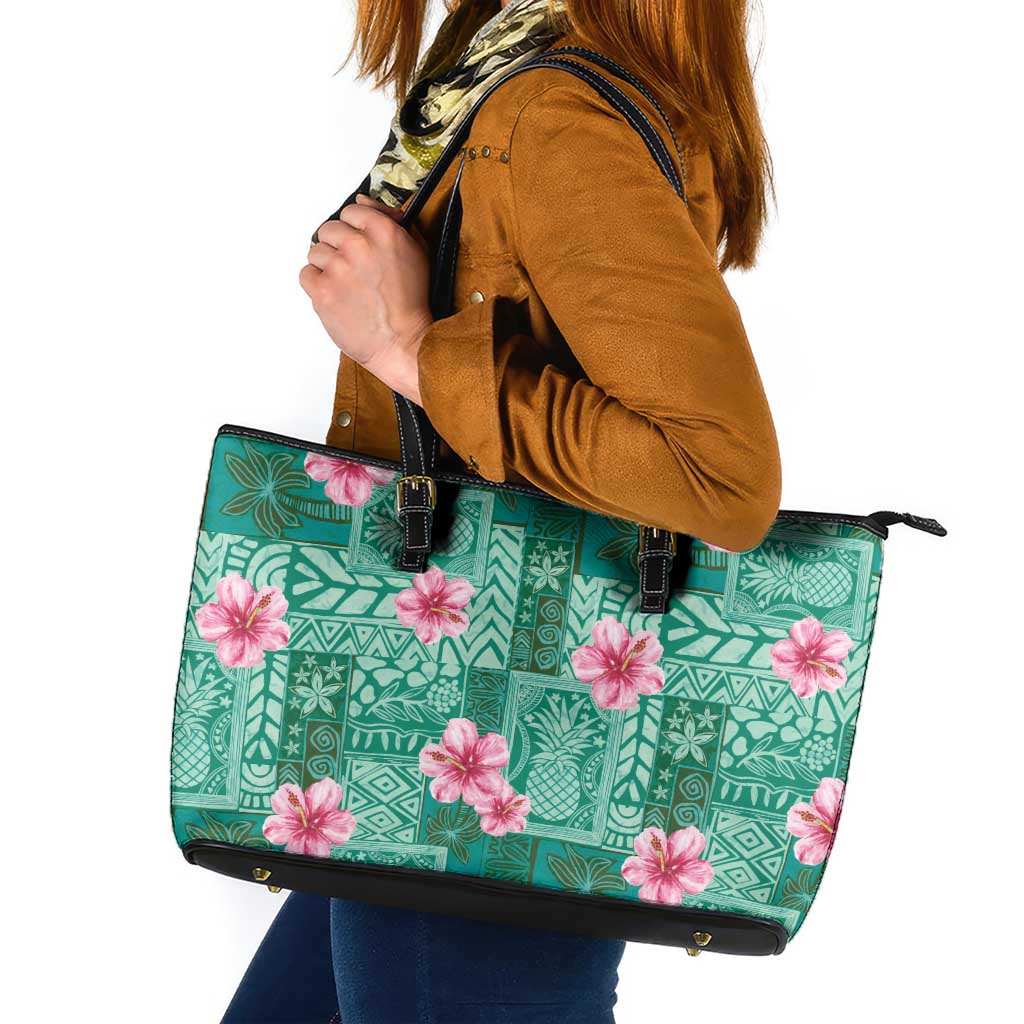 Cyan Hawaii Hibiscus With Tropical Flowers Motifs Leather Tote Bag LT14 Cyan - Polynesian Pride