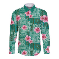 Cyan Hawaii Hibiscus With Tropical Flowers Motifs Long Sleeve Button Shirt LT14 Unisex Cyan - Polynesian Pride