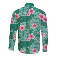 Cyan Hawaii Hibiscus With Tropical Flowers Motifs Long Sleeve Button Shirt LT14 - Polynesian Pride