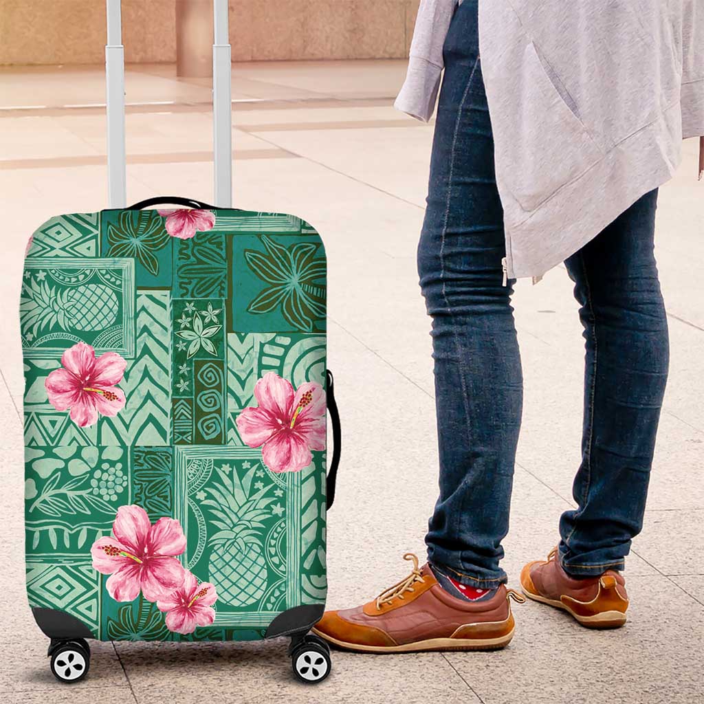 Cyan Hawaii Hibiscus With Tropical Flowers Motifs Luggage Cover LT14 Cyan - Polynesian Pride