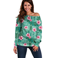 Cyan Hawaii Hibiscus With Tropical Flowers Motifs Off Shoulder Sweater LT14 Women Cyan - Polynesian Pride