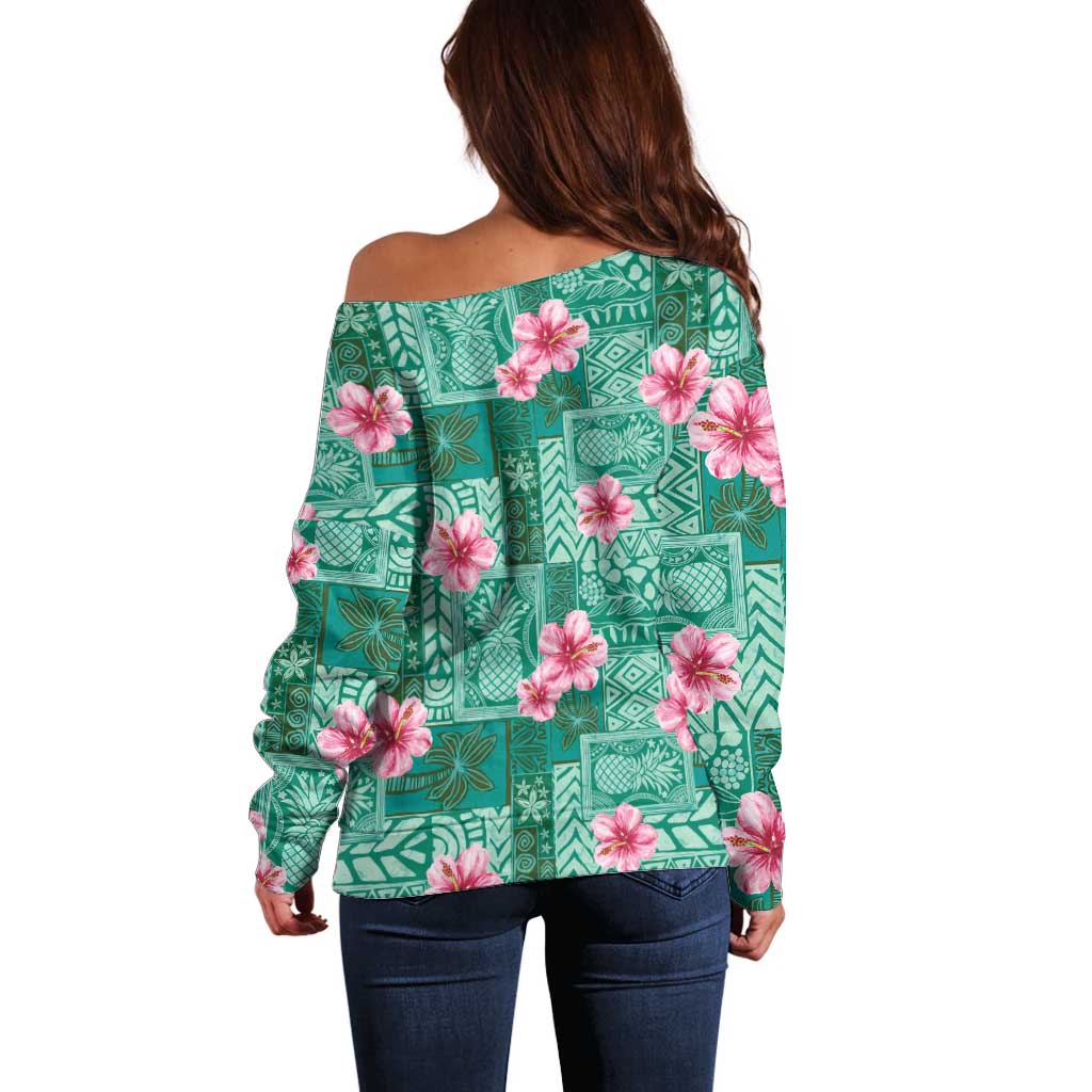 Cyan Hawaii Hibiscus With Tropical Flowers Motifs Off Shoulder Sweater LT14 - Polynesian Pride