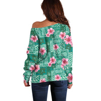 Cyan Hawaii Hibiscus With Tropical Flowers Motifs Off Shoulder Sweater LT14 - Polynesian Pride