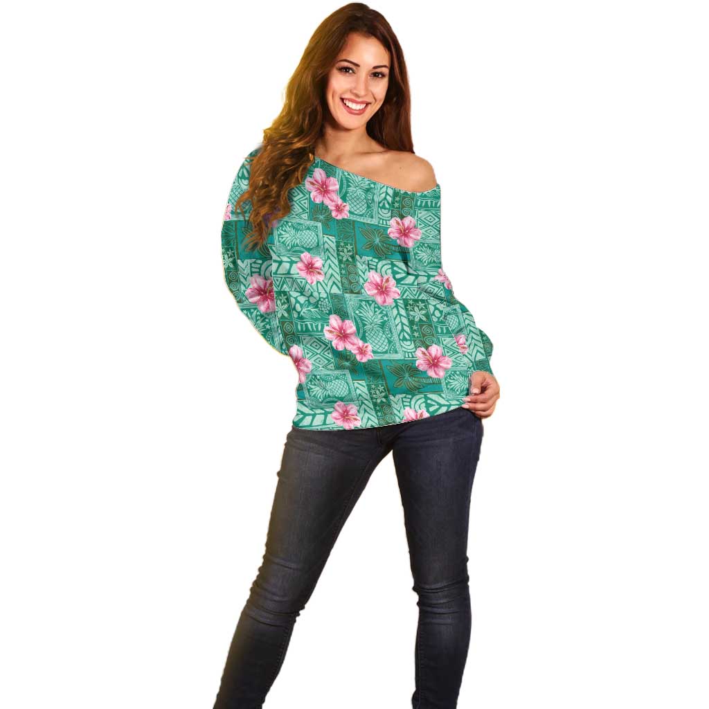 Cyan Hawaii Hibiscus With Tropical Flowers Motifs Off Shoulder Sweater LT14 - Polynesian Pride
