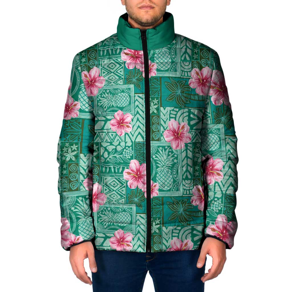 Cyan Hawaii Hibiscus With Tropical Flowers Motifs Padded Jacket LT14 Men Cyan - Polynesian Pride