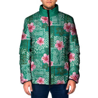 Cyan Hawaii Hibiscus With Tropical Flowers Motifs Padded Jacket LT14 Men Cyan - Polynesian Pride