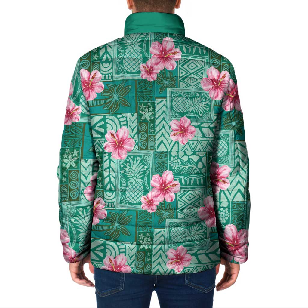 Cyan Hawaii Hibiscus With Tropical Flowers Motifs Padded Jacket LT14 - Polynesian Pride