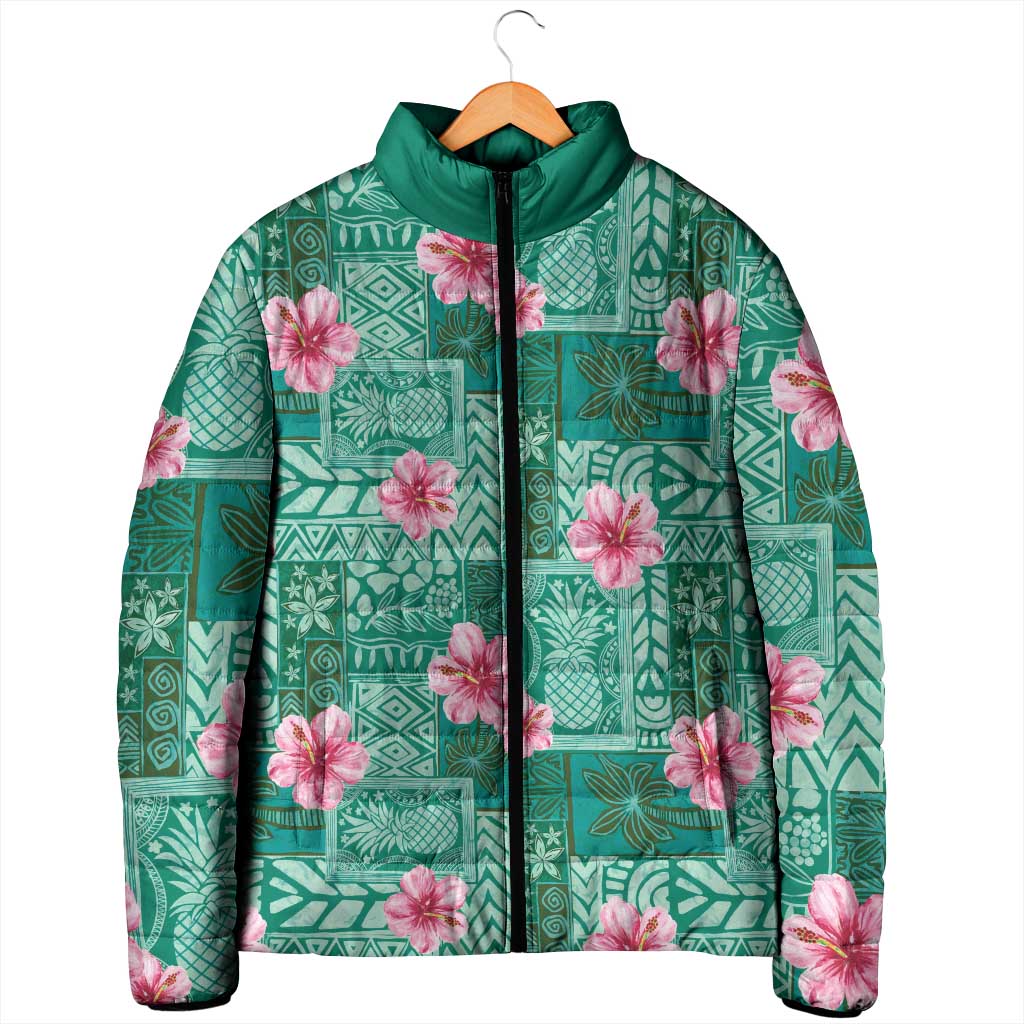 Cyan Hawaii Hibiscus With Tropical Flowers Motifs Padded Jacket LT14 - Polynesian Pride