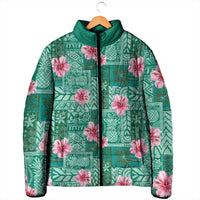 Cyan Hawaii Hibiscus With Tropical Flowers Motifs Padded Jacket LT14 - Polynesian Pride
