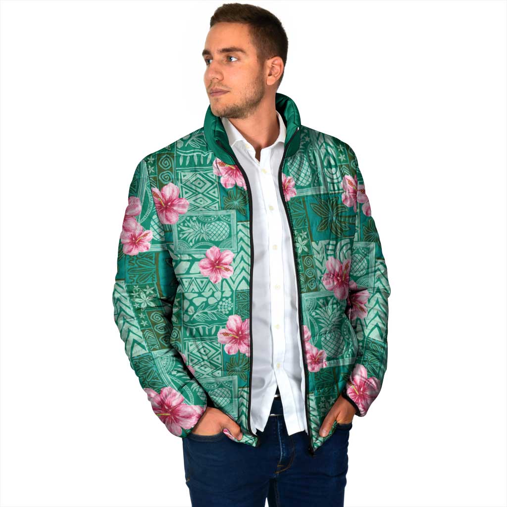Cyan Hawaii Hibiscus With Tropical Flowers Motifs Padded Jacket LT14 - Polynesian Pride