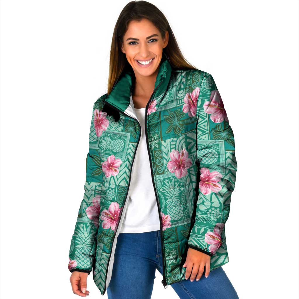 Cyan Hawaii Hibiscus With Tropical Flowers Motifs Padded Jacket LT14 Women Cyan - Polynesian Pride