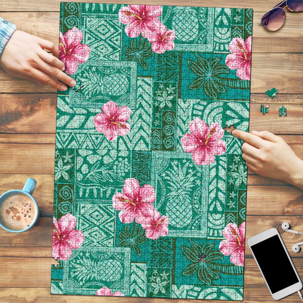 Cyan Hawaii Hibiscus With Tropical Flowers Motifs Puzzle LT14 Cyan - Polynesian Pride