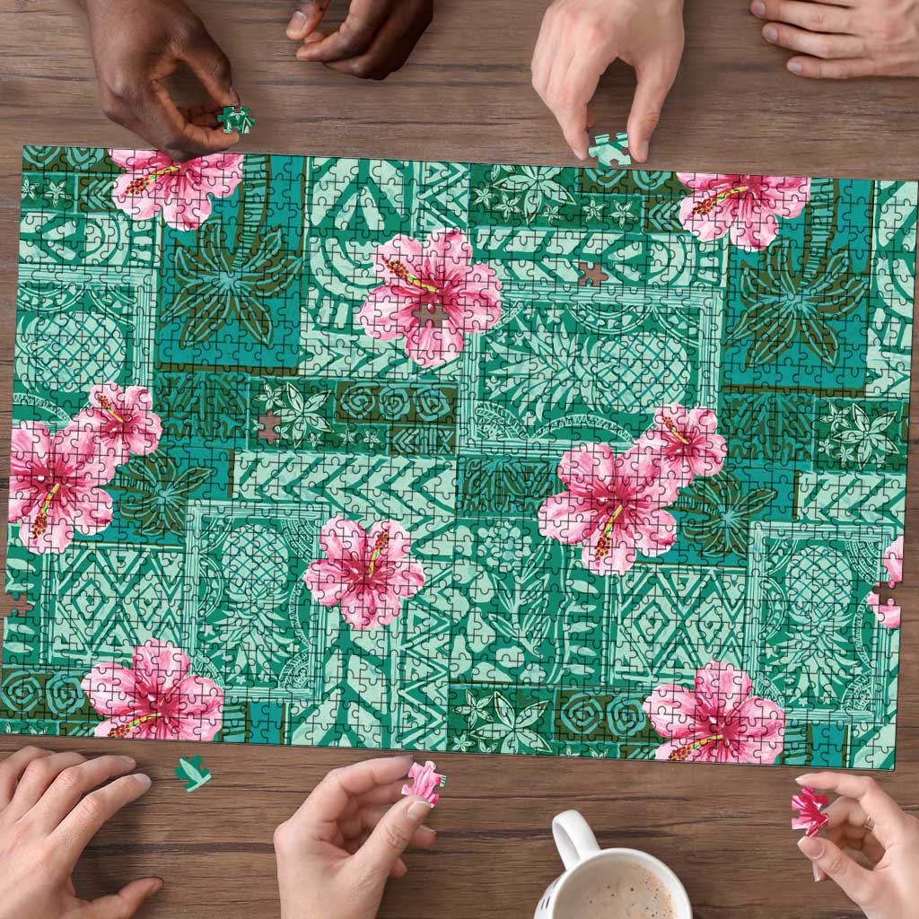 Cyan Hawaii Hibiscus With Tropical Flowers Motifs Puzzle LT14 - Polynesian Pride