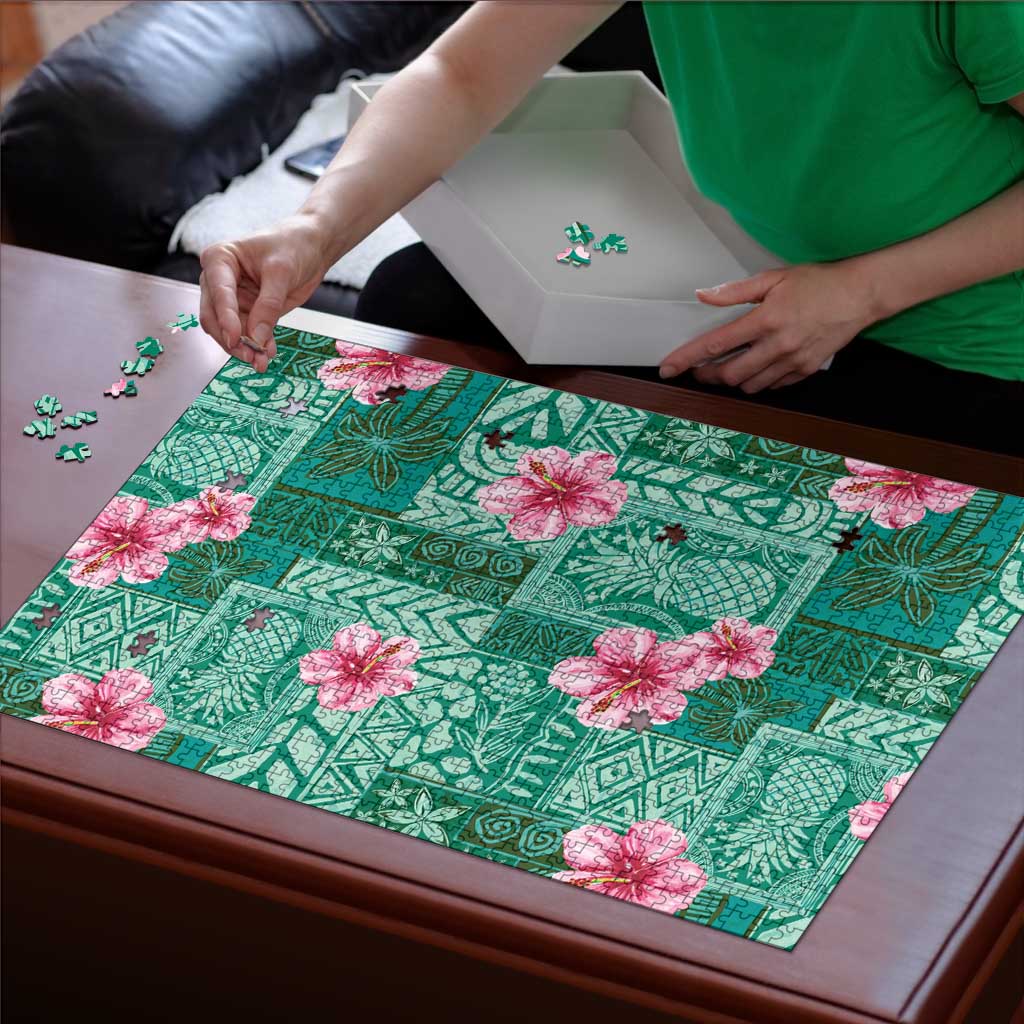 Cyan Hawaii Hibiscus With Tropical Flowers Motifs Puzzle LT14 - Polynesian Pride