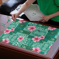 Cyan Hawaii Hibiscus With Tropical Flowers Motifs Puzzle LT14 - Polynesian Pride