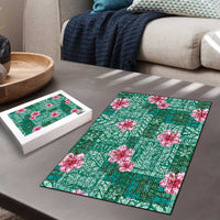 Cyan Hawaii Hibiscus With Tropical Flowers Motifs Puzzle LT14 - Polynesian Pride