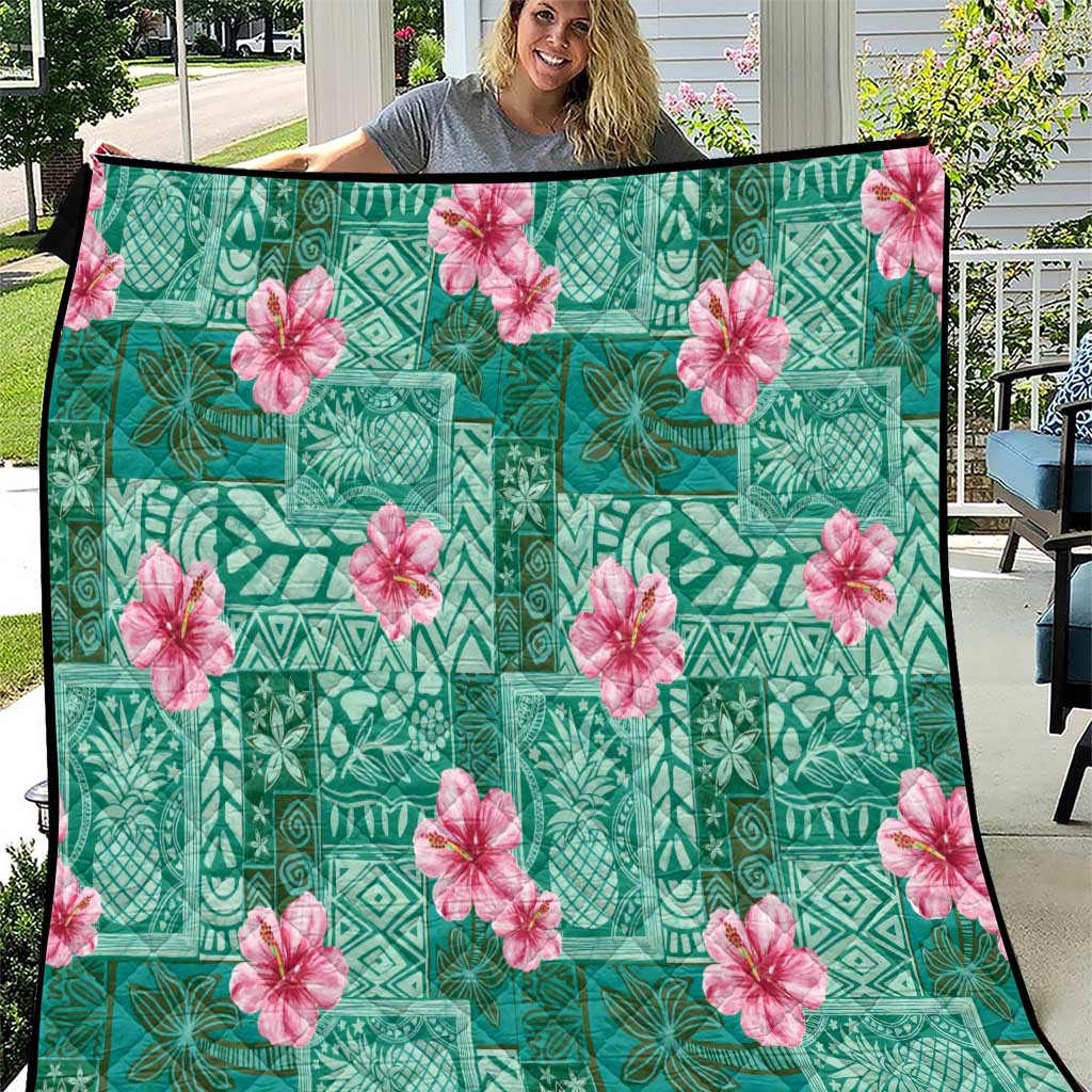 Cyan Hawaii Hibiscus With Tropical Flowers Motifs Quilt LT14 Cyan - Polynesian Pride
