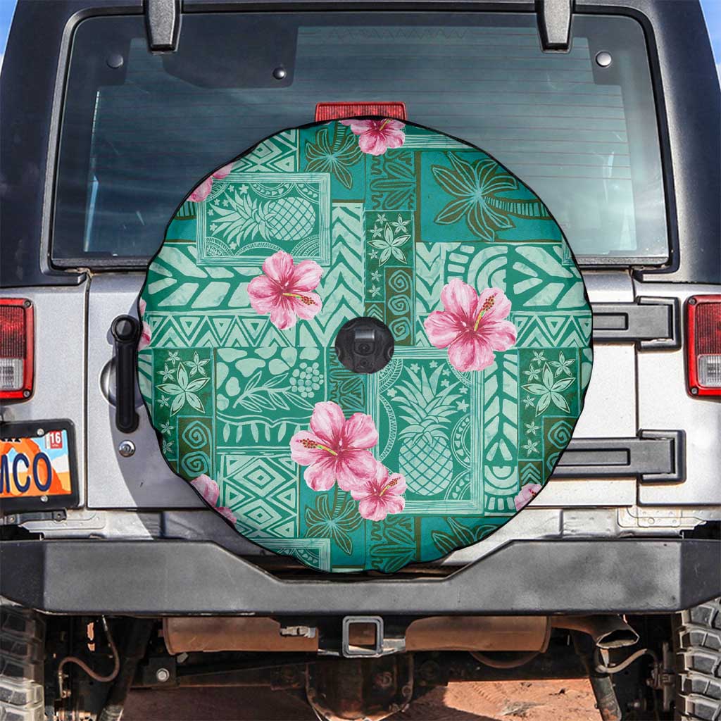Cyan Hawaii Hibiscus With Tropical Flowers Motifs Spare Tire Cover LT14 Cyan - Polynesian Pride