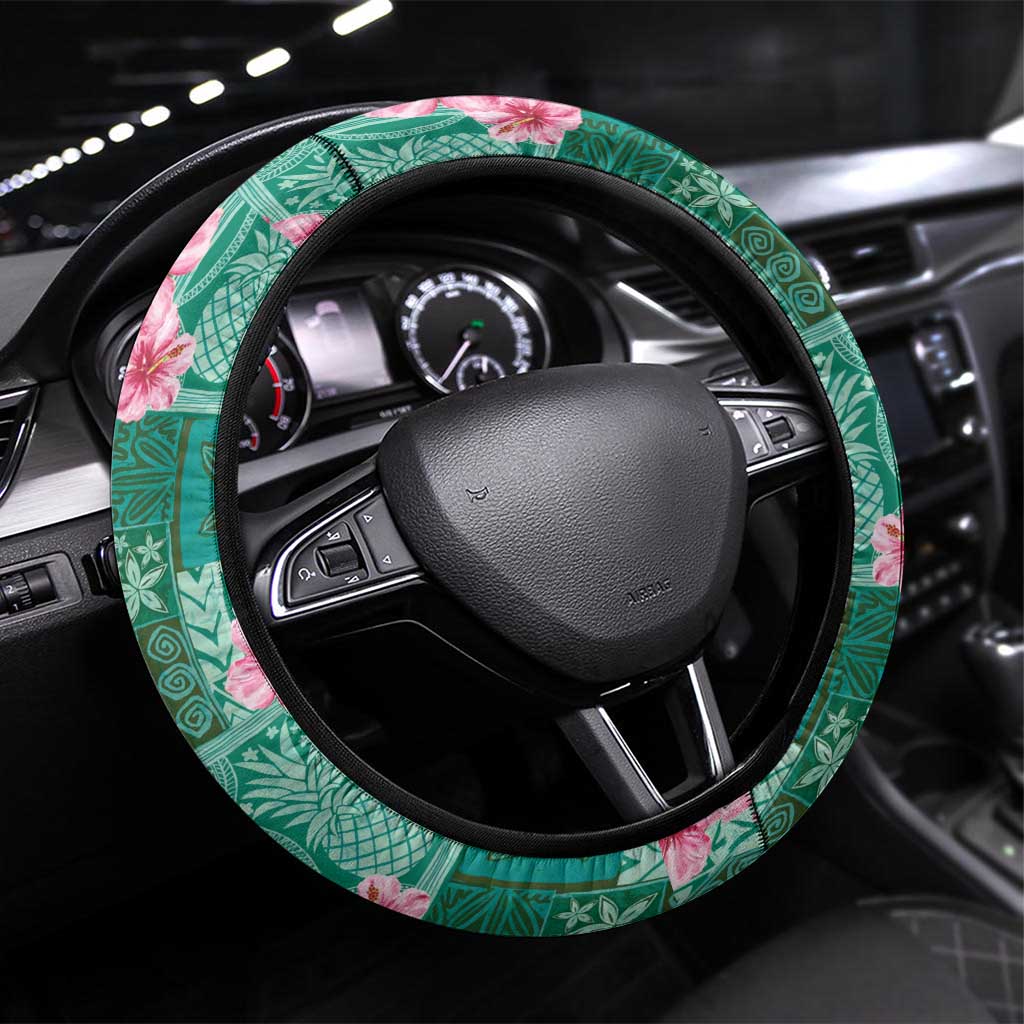 Cyan Hawaii Hibiscus With Tropical Flowers Motifs Steering Wheel Cover LT14 Universal Fit Cyan - Polynesian Pride