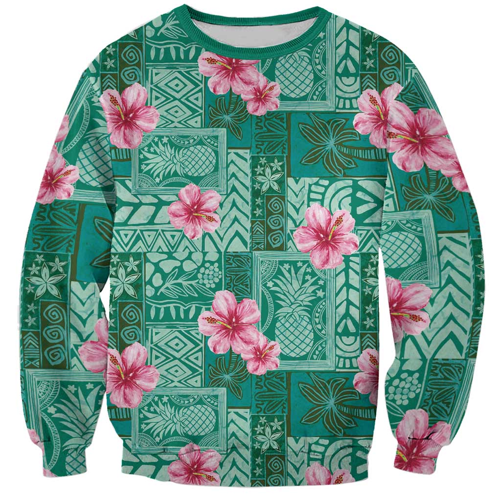 Cyan Hawaii Hibiscus With Tropical Flowers Motifs Sweatshirt LT14 Unisex Cyan - Polynesian Pride