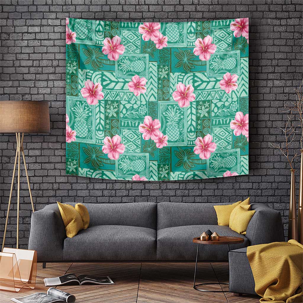 Cyan Hawaii Hibiscus With Tropical Flowers Motifs Tapestry LT14 Cyan - Polynesian Pride