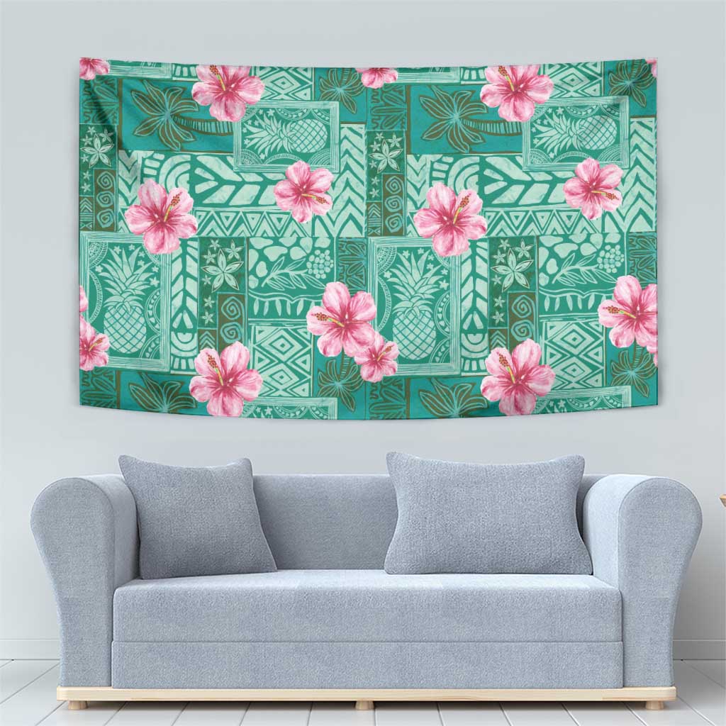 Cyan Hawaii Hibiscus With Tropical Flowers Motifs Tapestry LT14 - Polynesian Pride