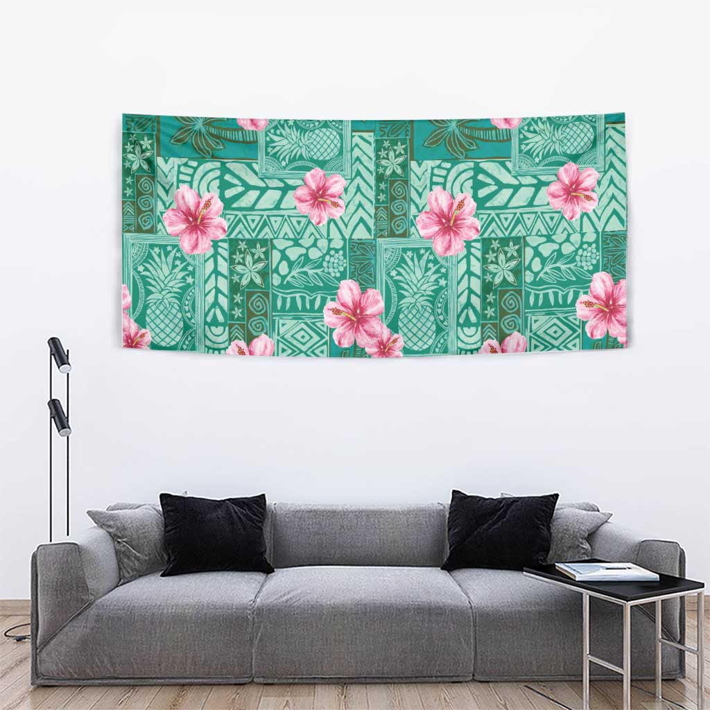 Cyan Hawaii Hibiscus With Tropical Flowers Motifs Tapestry LT14 - Polynesian Pride