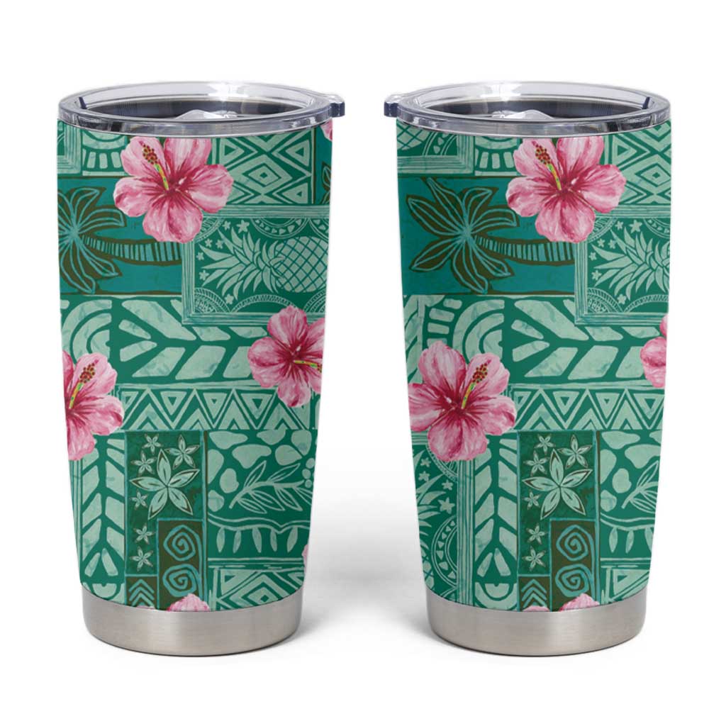 Cyan Hawaii Hibiscus With Tropical Flowers Motifs Tumbler Cup LT14 Cyan - Polynesian Pride