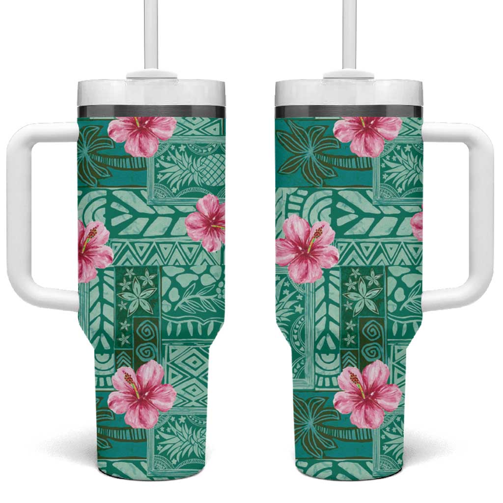 Cyan Hawaii Hibiscus With Tropical Flowers Motifs Tumbler With Handle LT14 One Size: 40 oz Cyan - Polynesian Pride