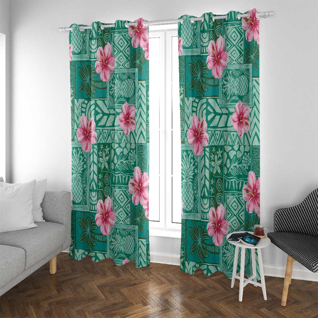 Cyan Hawaii Hibiscus With Tropical Flowers Motifs Window Curtain LT14 With Grommets Cyan - Polynesian Pride