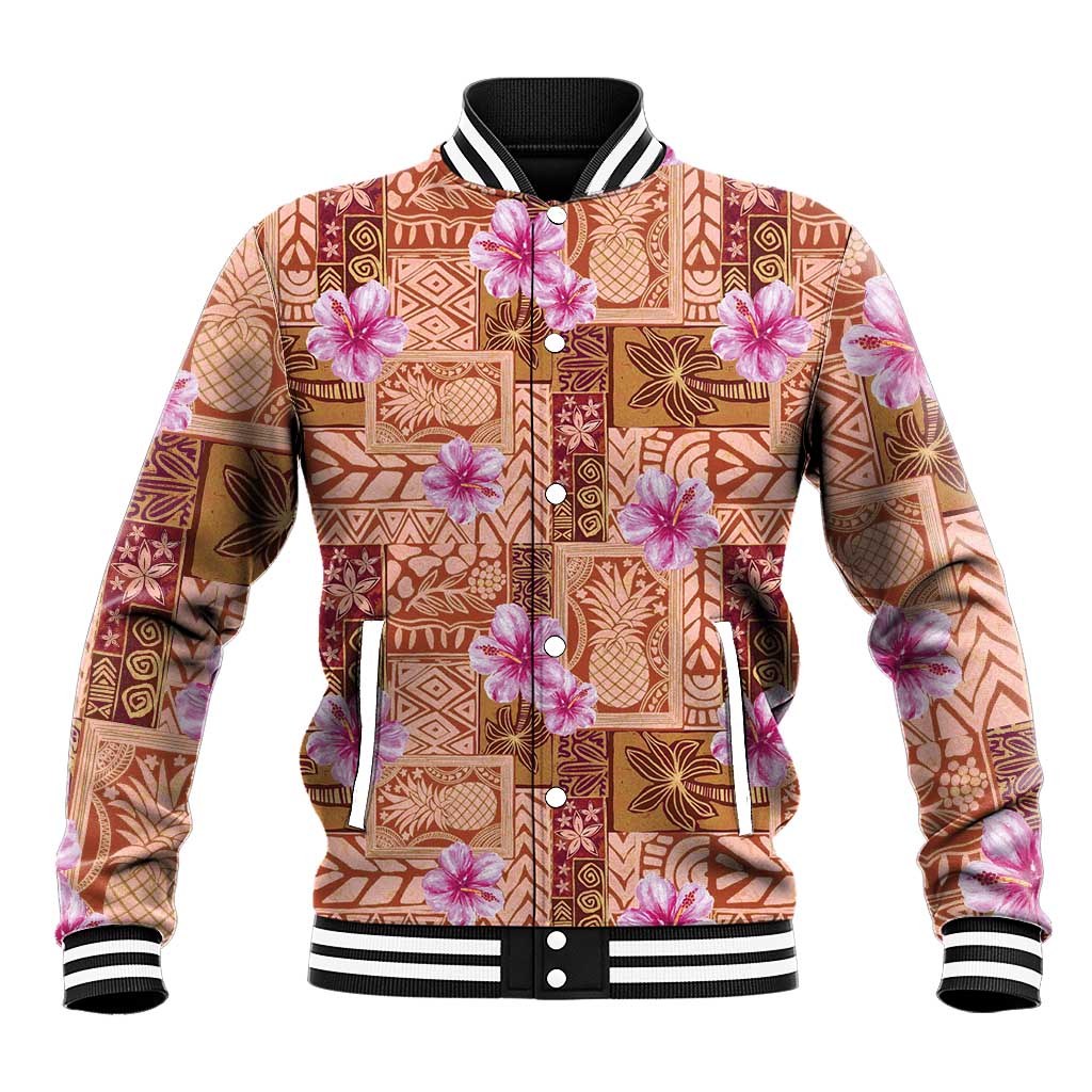 Orange Hawaii Hibiscus With Tropical Flowers Motifs Baseball Jacket LT14 Unisex Orange - Polynesian Pride