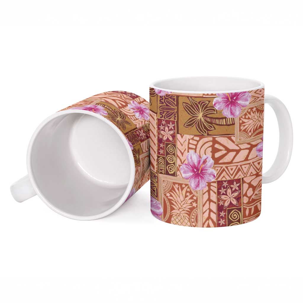 Orange Hawaii Hibiscus With Tropical Flowers Motifs Ceramic Mug LT14 - Polynesian Pride