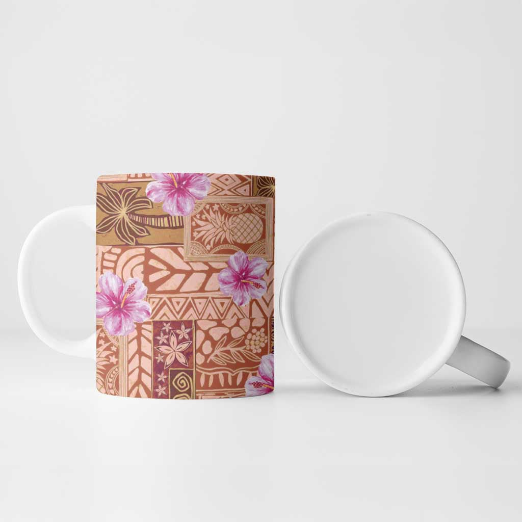 Orange Hawaii Hibiscus With Tropical Flowers Motifs Ceramic Mug LT14 - Polynesian Pride
