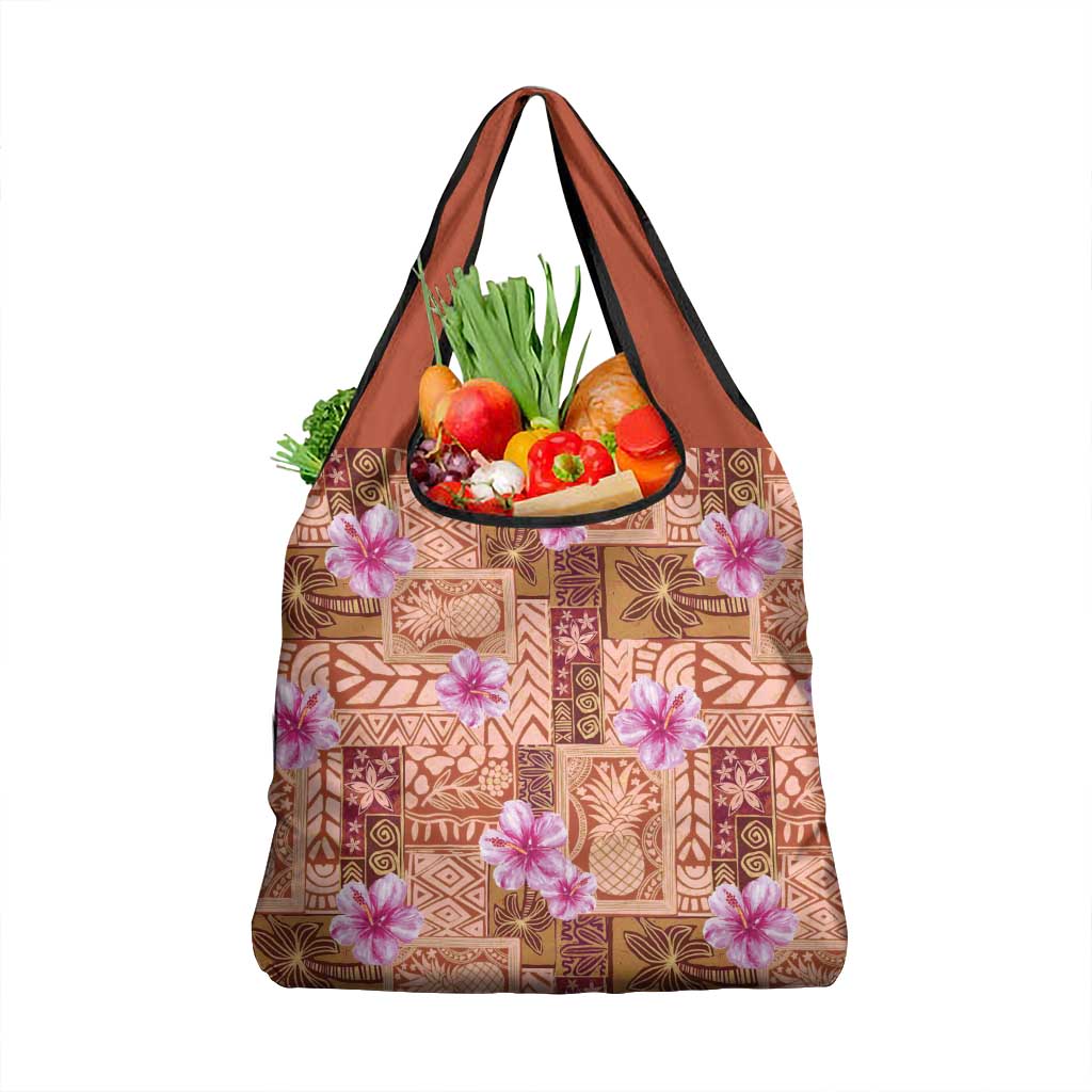 Orange Hawaii Hibiscus With Tropical Flowers Motifs Grocery Bag LT14 1-pack One Size Orange - Polynesian Pride