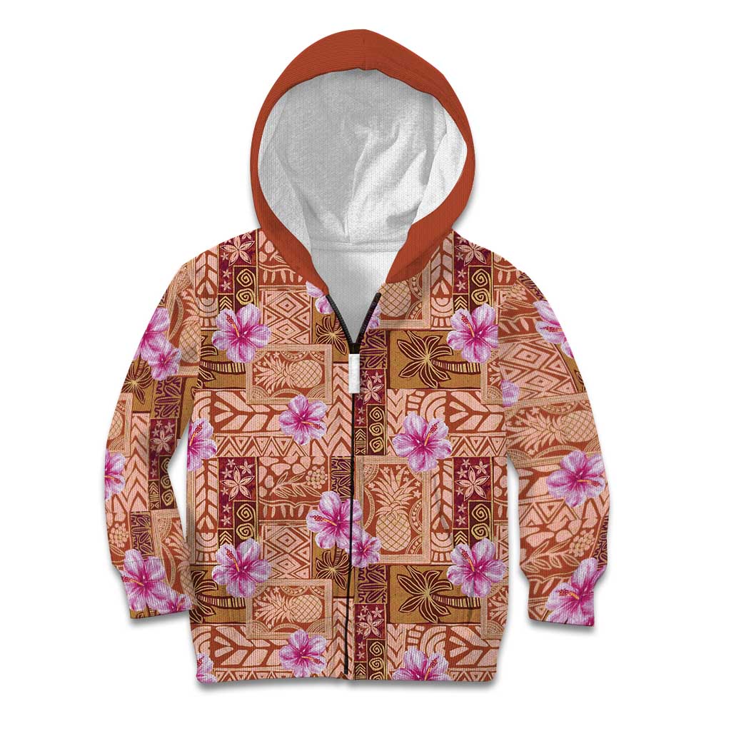 Orange Hawaii Hibiscus With Tropical Flowers Motifs Kid Hoodie LT14 Zip Hoodie Orange - Polynesian Pride