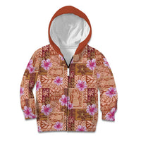 Orange Hawaii Hibiscus With Tropical Flowers Motifs Kid Hoodie LT14 Zip Hoodie Orange - Polynesian Pride