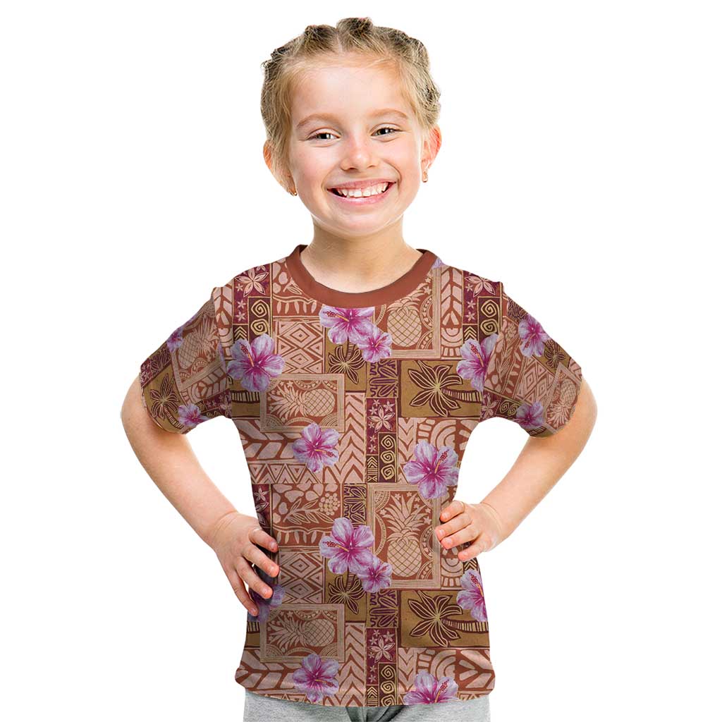 Orange Hawaii Hibiscus With Tropical Flowers Motifs Kid T Shirt LT14 Orange - Polynesian Pride