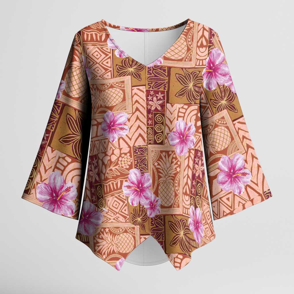 Orange Hawaii Hibiscus With Tropical Flowers Motifs Kimono Sleeve Blouse LT14 Female Orange - Polynesian Pride