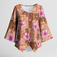 Orange Hawaii Hibiscus With Tropical Flowers Motifs Kimono Sleeve Blouse LT14 Female Orange - Polynesian Pride